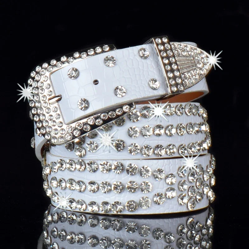 

Full Diamond Women's Belt With Pin Buckle Fashion Rhinestone Leopard Print Cool Wide Belts Match Jeans Pants 2DB2406