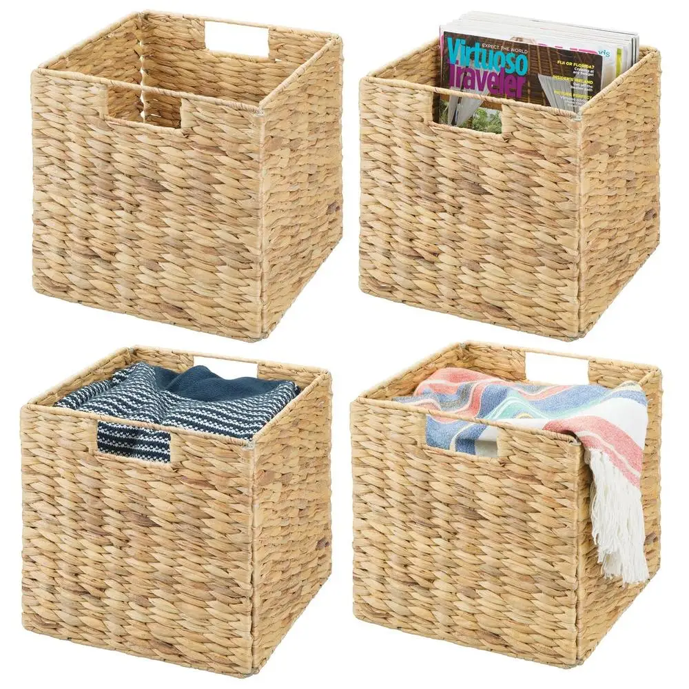 Woven Cube Storage Basket Organizer with Handles Bathroom Laundry Nursery Shelf Set of 4 Portable Functional Versatile Natural