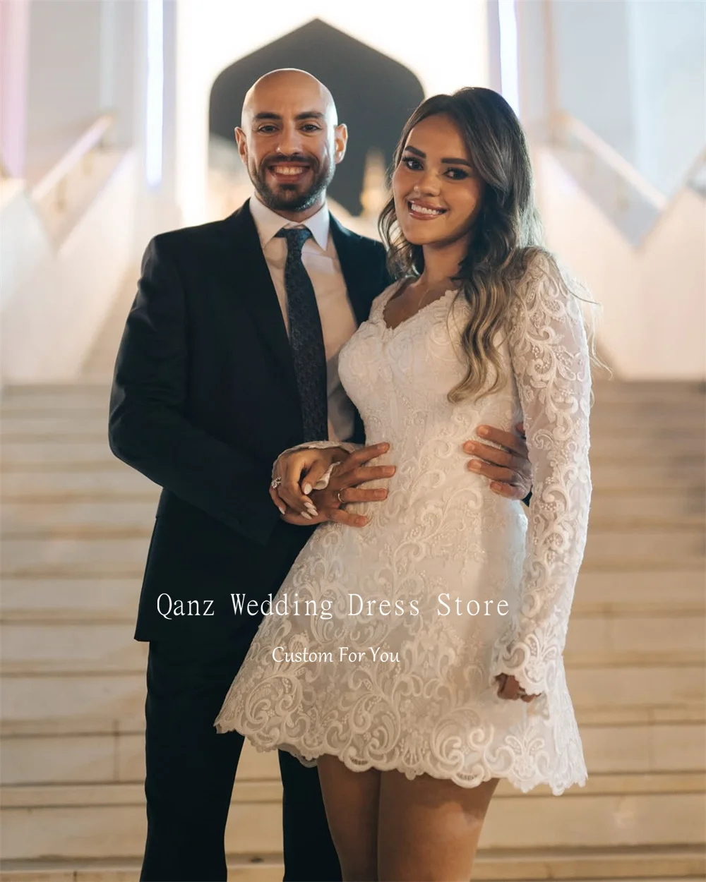 Qanz Chic Lace Appliques Wedding Dresses V Neck Mini Vestidos En Liquidación Envío Gratis Long Sleeves Bridal Gowns Customized