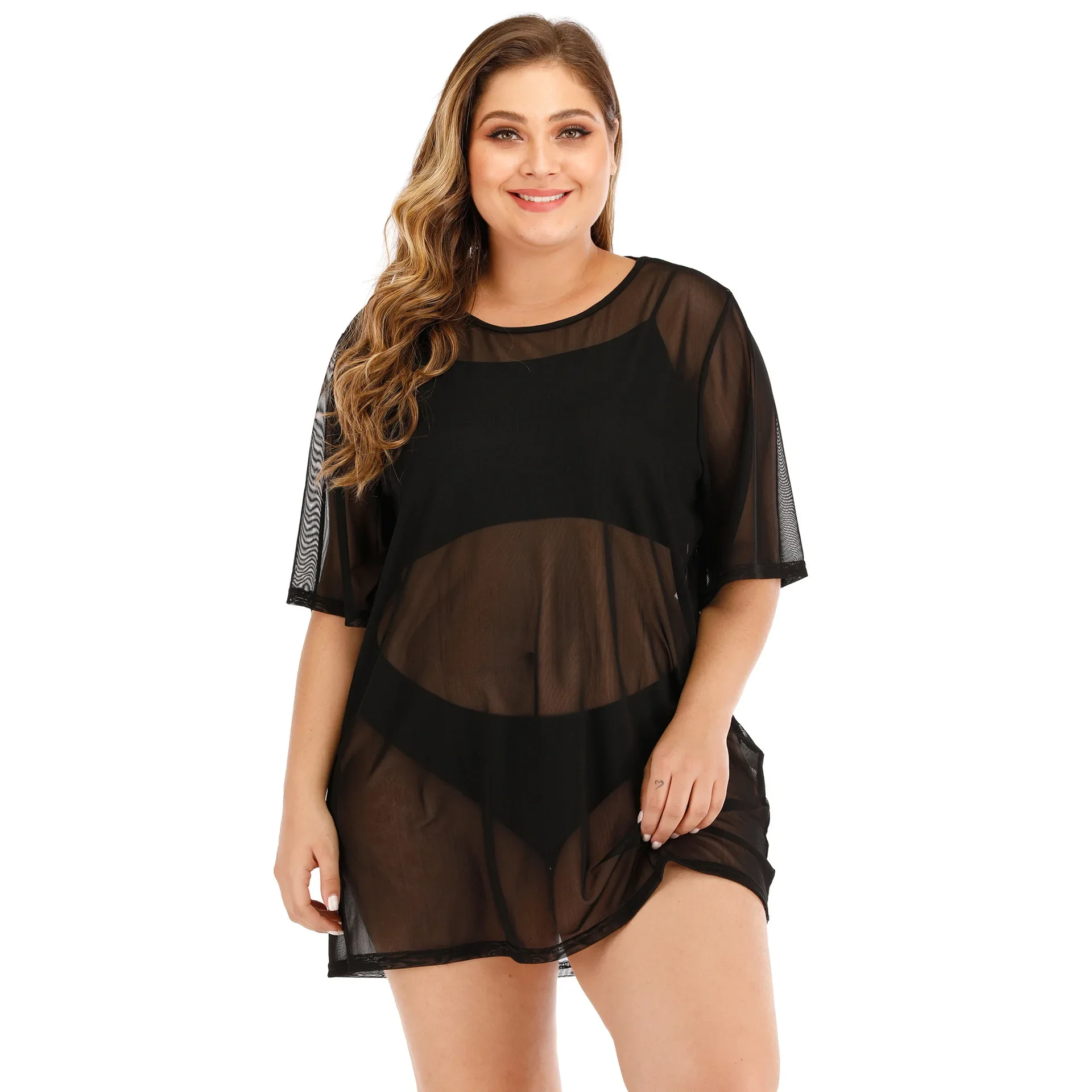 

Women Mesh Plus Size Cove Up Short Sleeve Large Loose Big Tunic Lady Chubby Beach Dress Brazilian Curvy Swimsuit Cover-Up