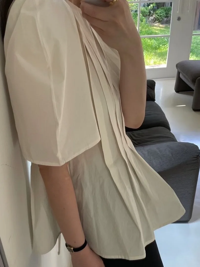 Slimming Chic Pleated Bubble Sleeve Shirt Women's Fashion Summer New Style French Style Loose Fit Short Sleeve Top