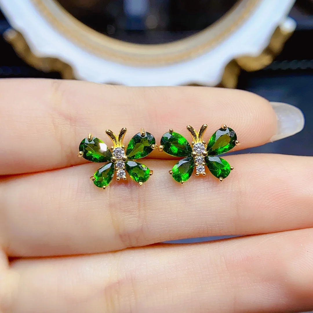 

FS Fashion S925 Sterling Silver 4*6 Natural Diopside Butterfly Earrings Certificate Fine Charm Wedding Jewelry for Women MeiBaPJ