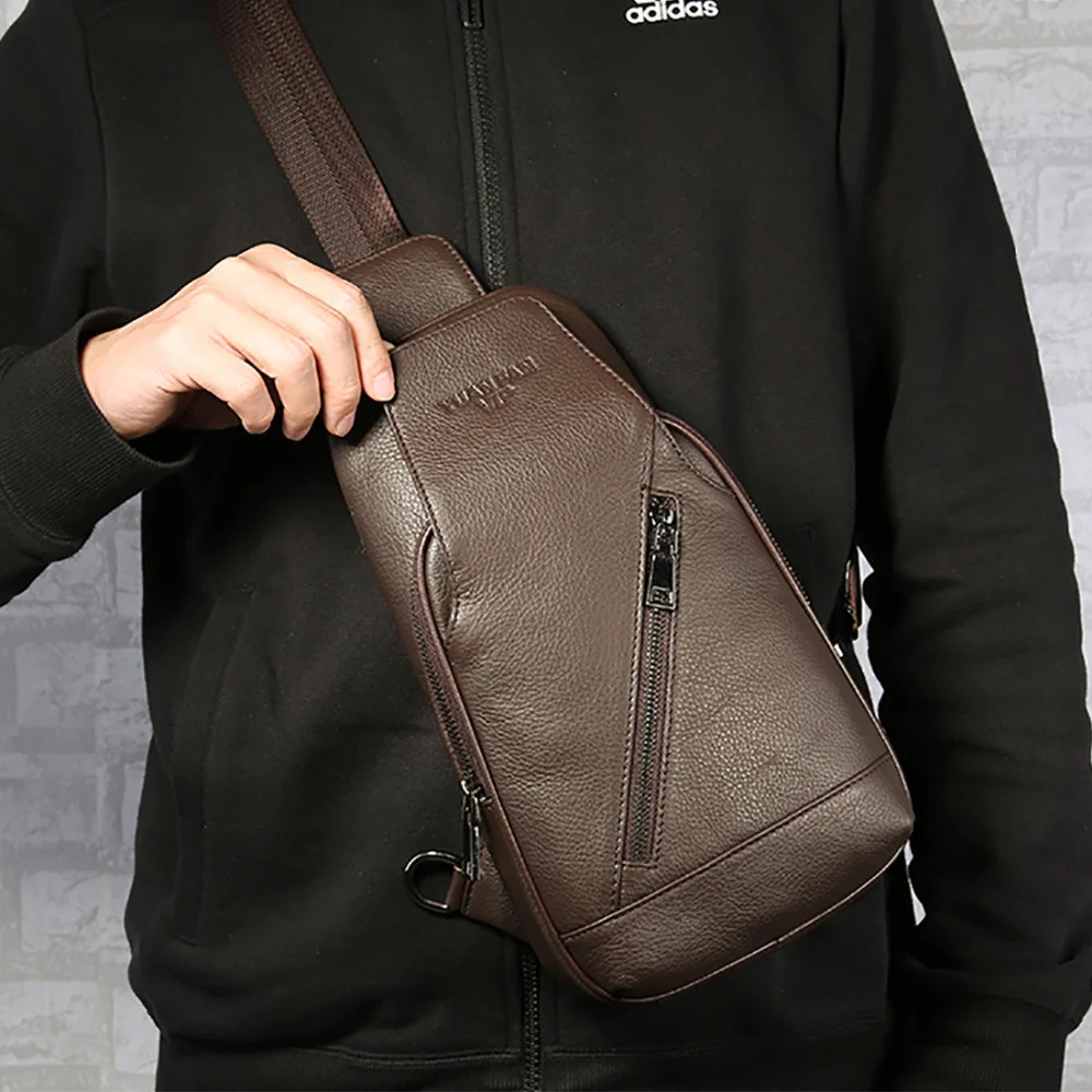 100% Genuine Leather Men Sling Chest Day Back Pack Casual Messenger Shoulder Bag High Quality Cowhide Crossbody Bags Rucksack