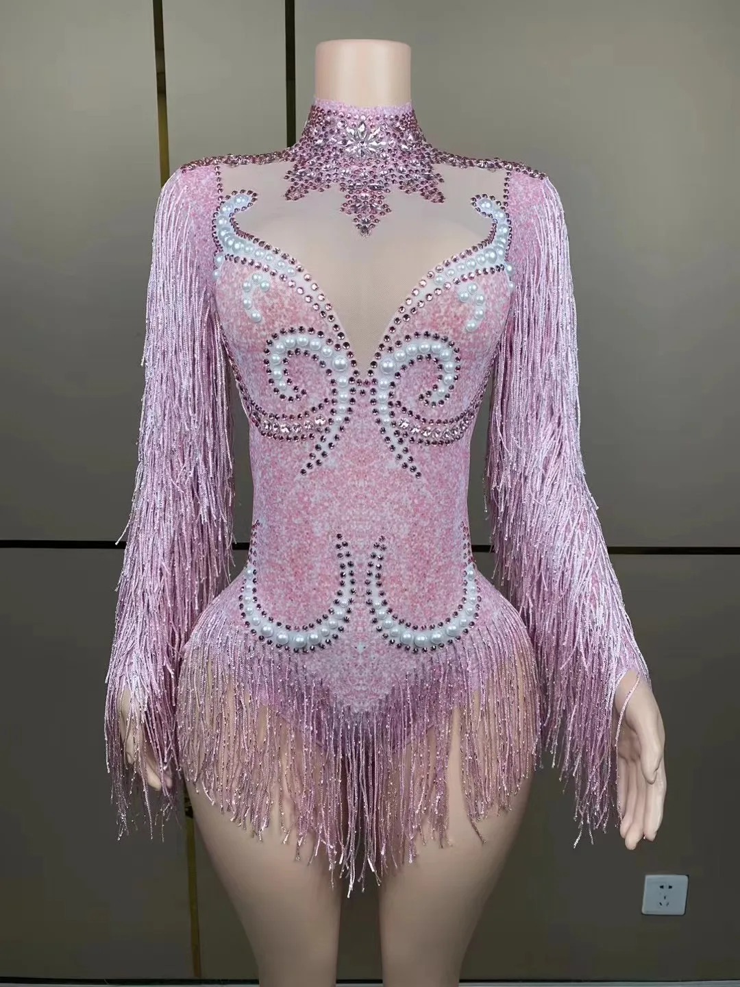 Combinaison courte brillante avec strass pour femmes, ensemble Sexy à franges en maille transparente, Costume de danse latine pour spectacle sur scène et discothèque