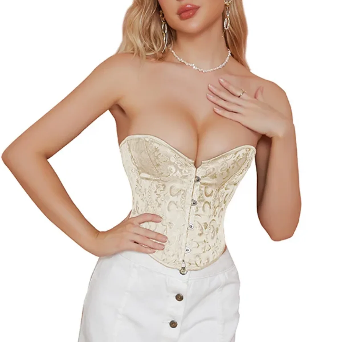 

Vintage Court Corsets Jacquard Boned Bustiers Womens 4 Button Bodyshaper Corset Boned Bustier Crop Top Corselet Overbust Brocade