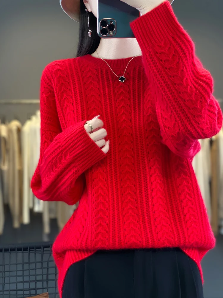 New Arrivals Hollow Out Large Size 100% Merino Wool Women\'s Sweater O-Neck Pullovers Knitted Jumpers Lady Clothes Fashion Trends