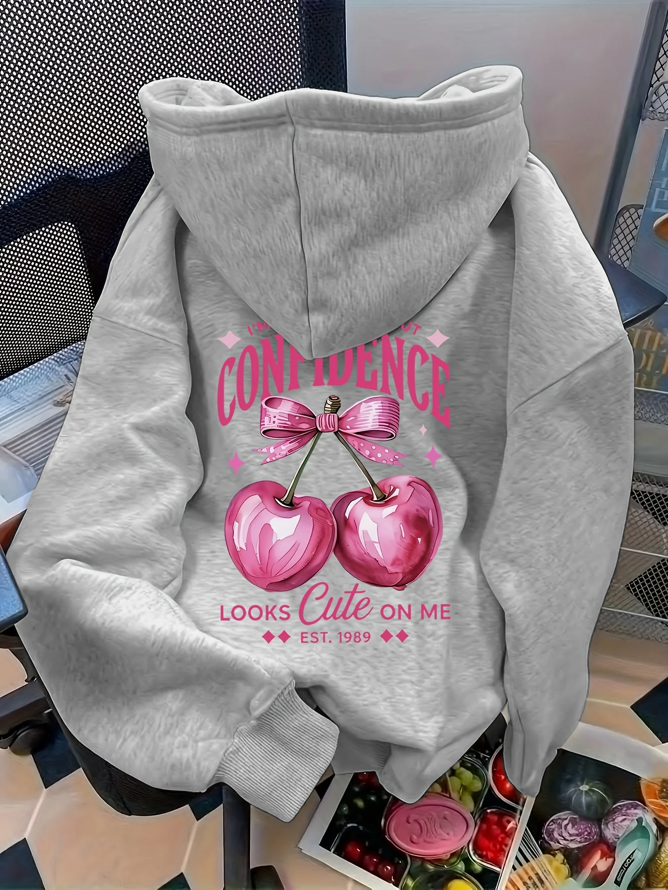 Pink Cherry Bow Confidence Pattern Women'S Hoodies Pocket Vacation Clothing Comfortable Loose Woman Hoodie Autumn Fleece Hoody