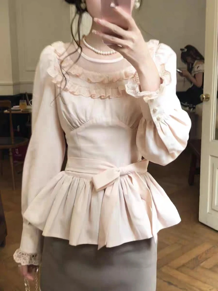 

Французский элегантный однотонный дизайн с повязками и длинными рукавами, модные топы в корейском стиле, кружевная повседневная рубашка, женская эстетика