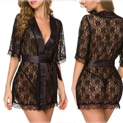 Ladies Sexy Nightwear Lace See-through Nightgown Deep V-neck Mesh Nightdress Erotic Exotic Lingerie Sexy Robe Erotic Lingerie