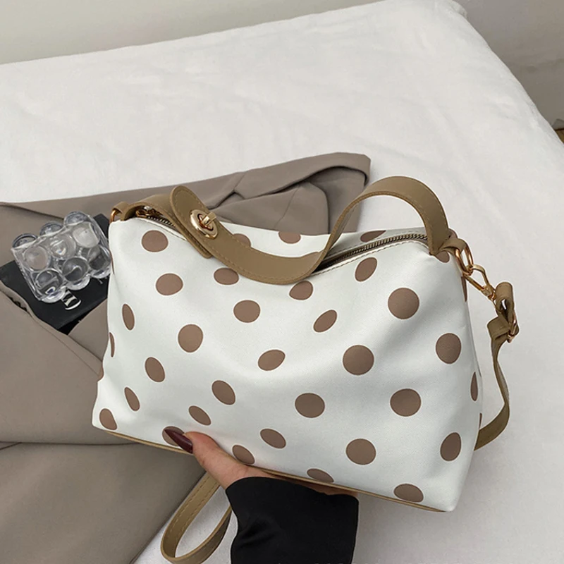 Koreanische Umhängetasche mit Polka Dots, leichte Damen-Umhängetasche, vielseitige, lässige Colorblock-Handtasche für den Arbeitsweg, Reißverschluss – Detail 7