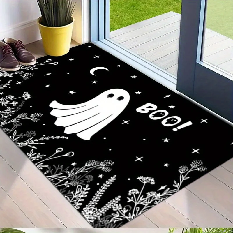 Spooky Ghost Moon Doormat Black White Halloween Print Non Slip Entry Rug For Front Porch And Festive Seasonal Decor