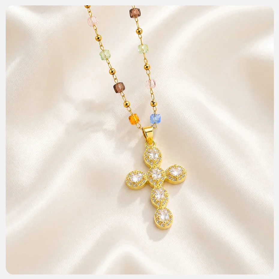 Vnox Mehrfarbige CZ-Steine Kreuz-Anhänger-Halskette für Frauen, vergoldet, bunte Zirkon-Religionskette, christlicher Schmuck – Detail 8