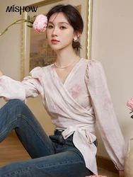 MISHOW Retro French V-neck Loose Halo Dyed Long Sleeve Top for Women 2024 Autumn Pullover Temperament Floral Blouses MXC41X1281