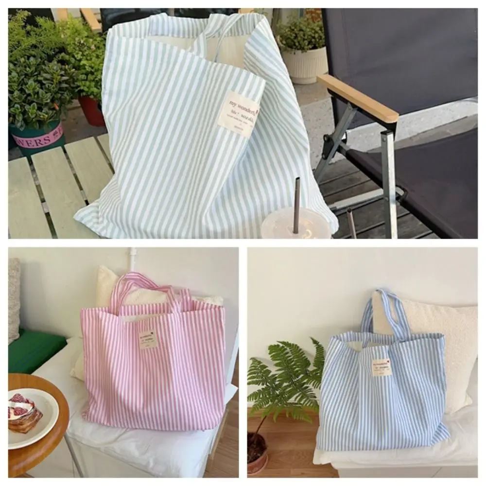 Fresh Color Strip Canvas Bag Korean Style Large Capacity Vacation Tote Bag Office Worker Tote Lightweight Eco Bag Shoulder Bag