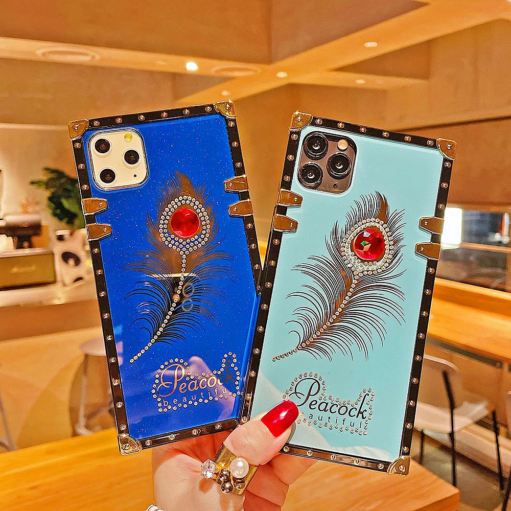 Fashion Inlay Diamonds Gem Feather Square Phone Cases For iPhone 15 14 13 12 11 Pro Max X XR XS SE 6 7 8 Plus Glitter Back Cover