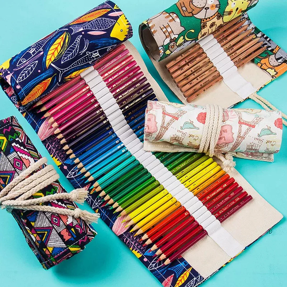 Handmade Canvas Pen Curtain 12/24 Holes Kawaii Pencil Bag Student Colored Pencil Brush Stationery Storage Bag Cosmetic Bag