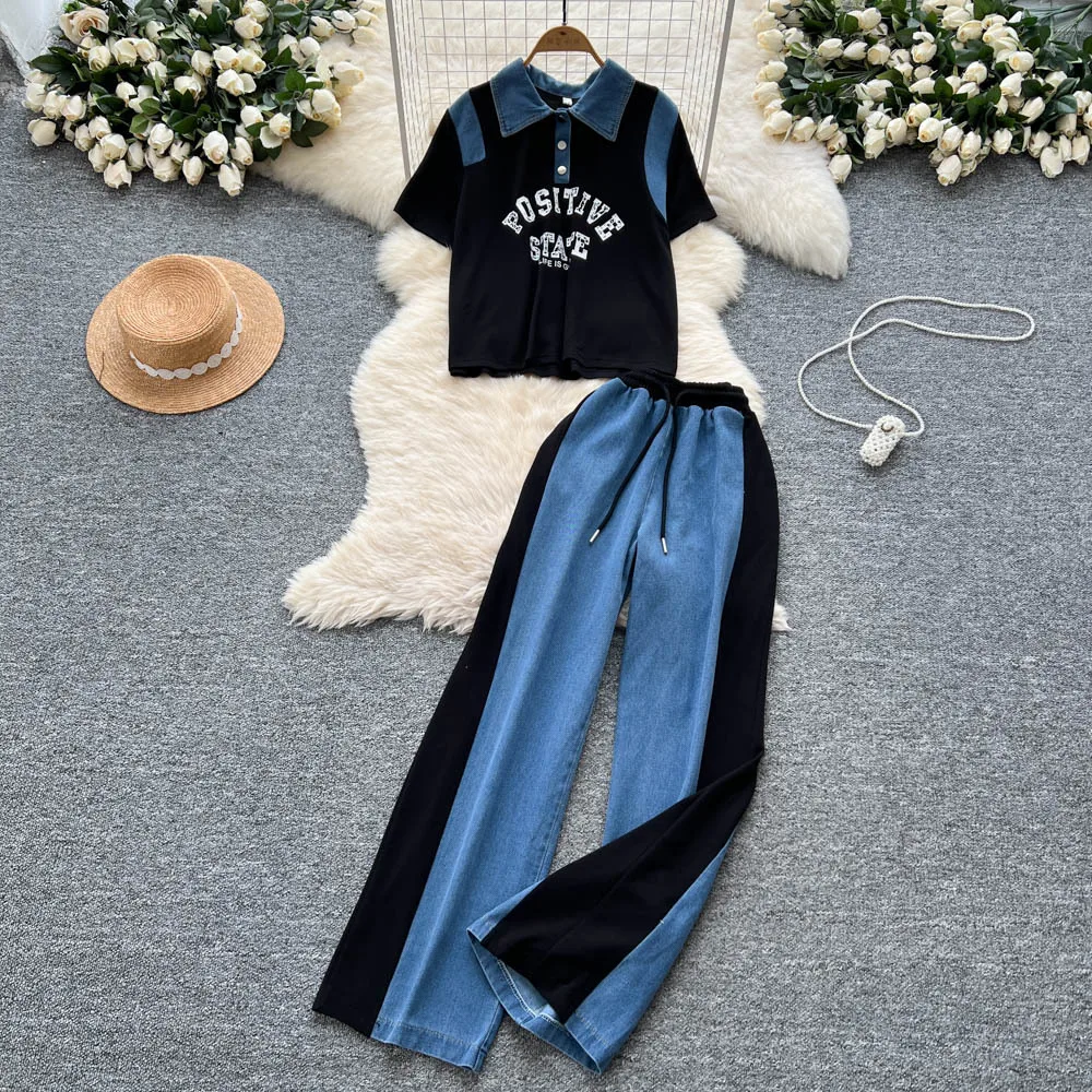 Conjunto de calças femininas conjuntos de duas peças conjuntos de correspondência manga curta casual topos perna larga calças compridas rendas até cintura elástica y2k streetwear