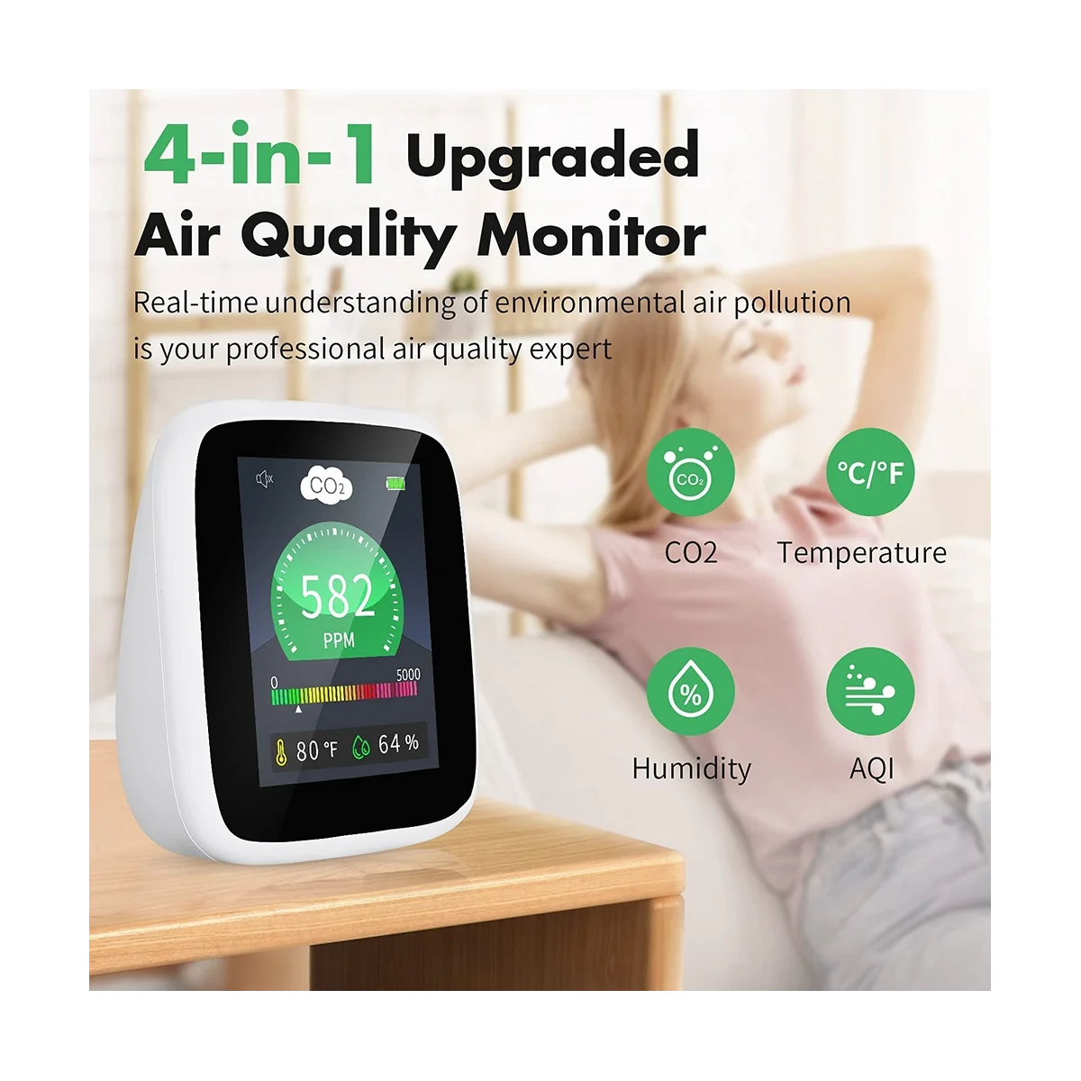 4-In-1 Air Quality Monitor, CO2 Detector, Portable CO2 Monitor, Temperature and Relative Humidity with Alarm