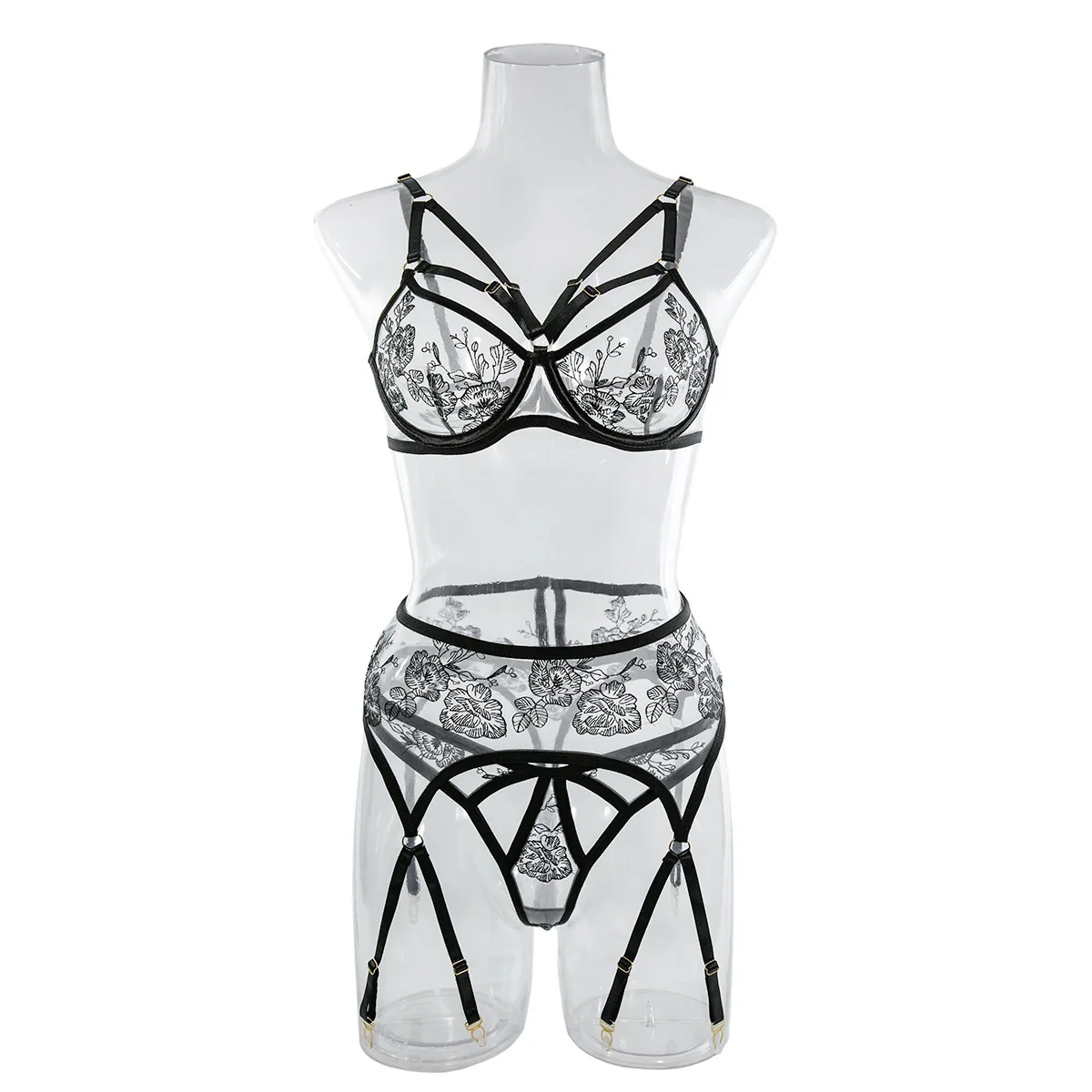 Nieuwe Mode Dames Kant Geborduurde Kant Lingerie Set Sexy Cross Bloemen Geborduurd Ondergoed Zomer Dames Doorzichtige Bh