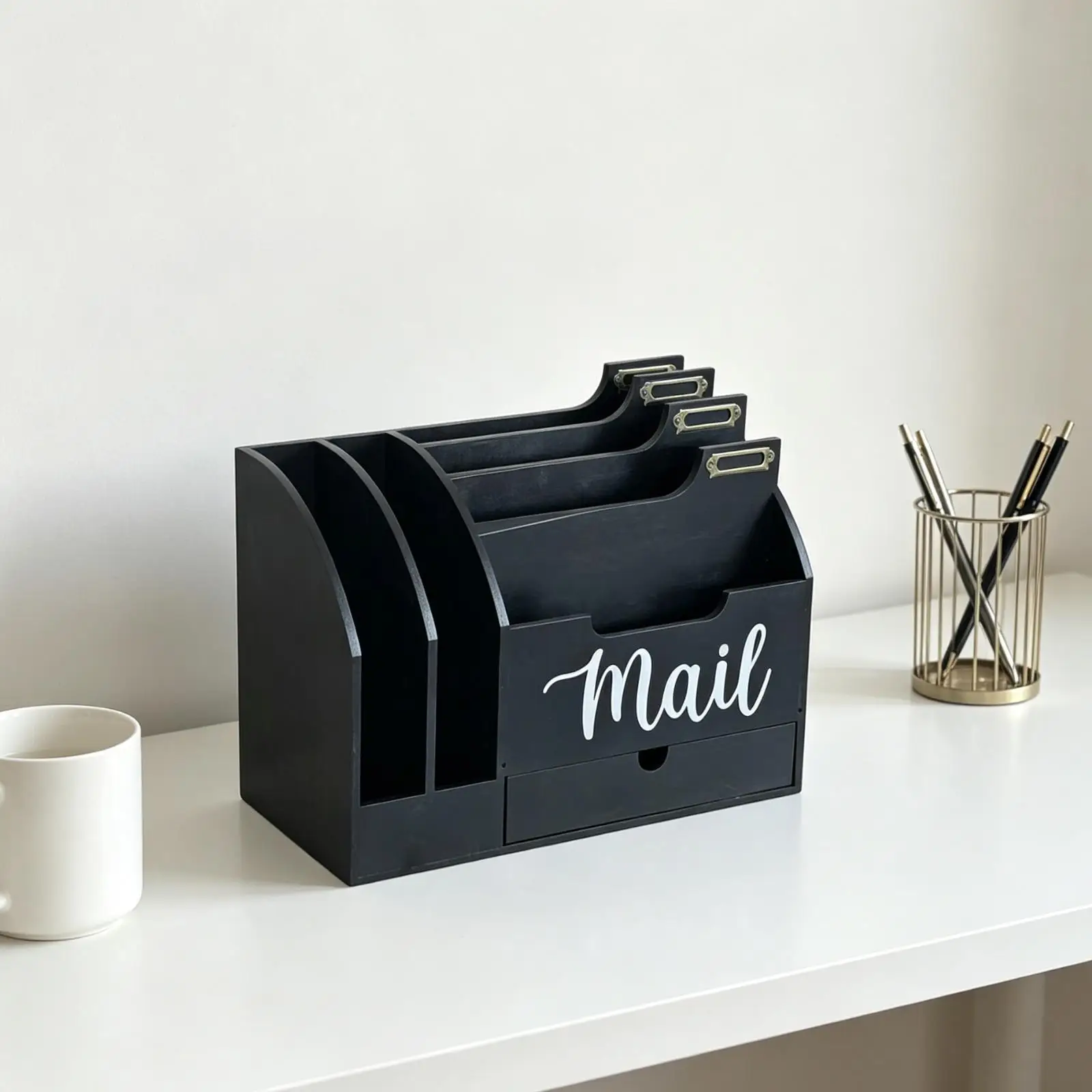 

Wood Desktop Mail Organizer with Compartments Desktop Office Supply with Drawer Farmhouse Box Letter Holder for Paper Pens