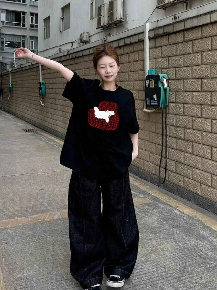 レトロアメリカンピュアコットンブラック半袖Tシャツ女性用サマーオーバーサイズハーフスリーブルーズショルダートップ韓国スタイル通勤