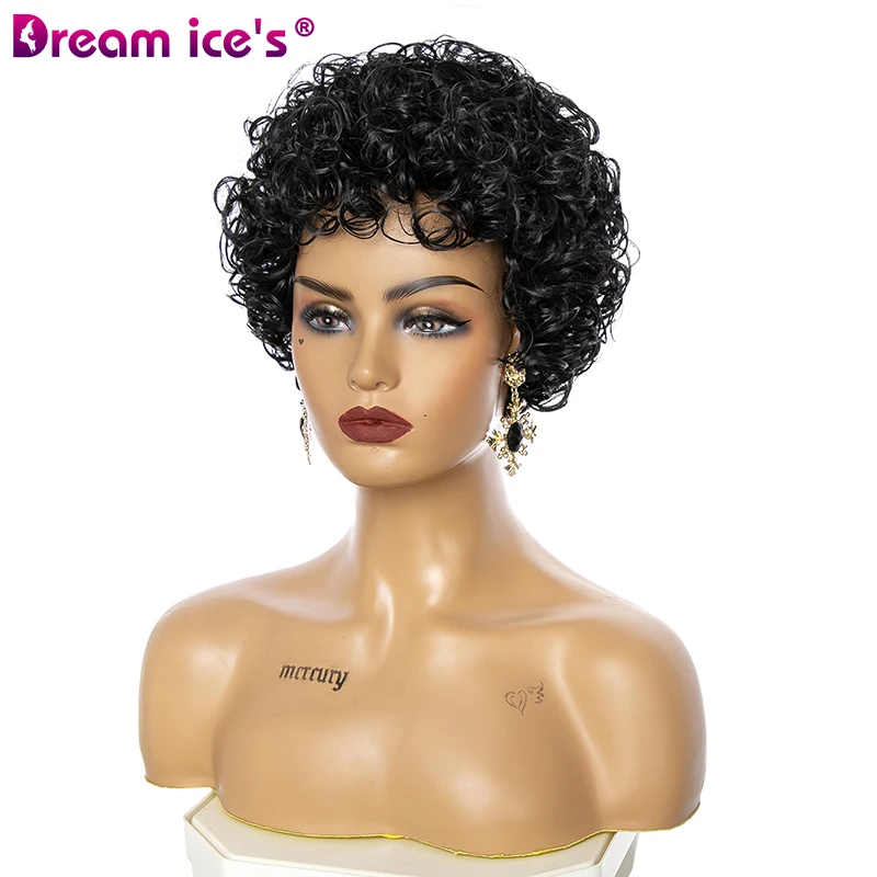 Short Black Natural Wavy Hair For Women Synthetic Wig With Bangs Pixie Cut Curly Hair Heat Resistant Fiber Layered Daily Use Wig