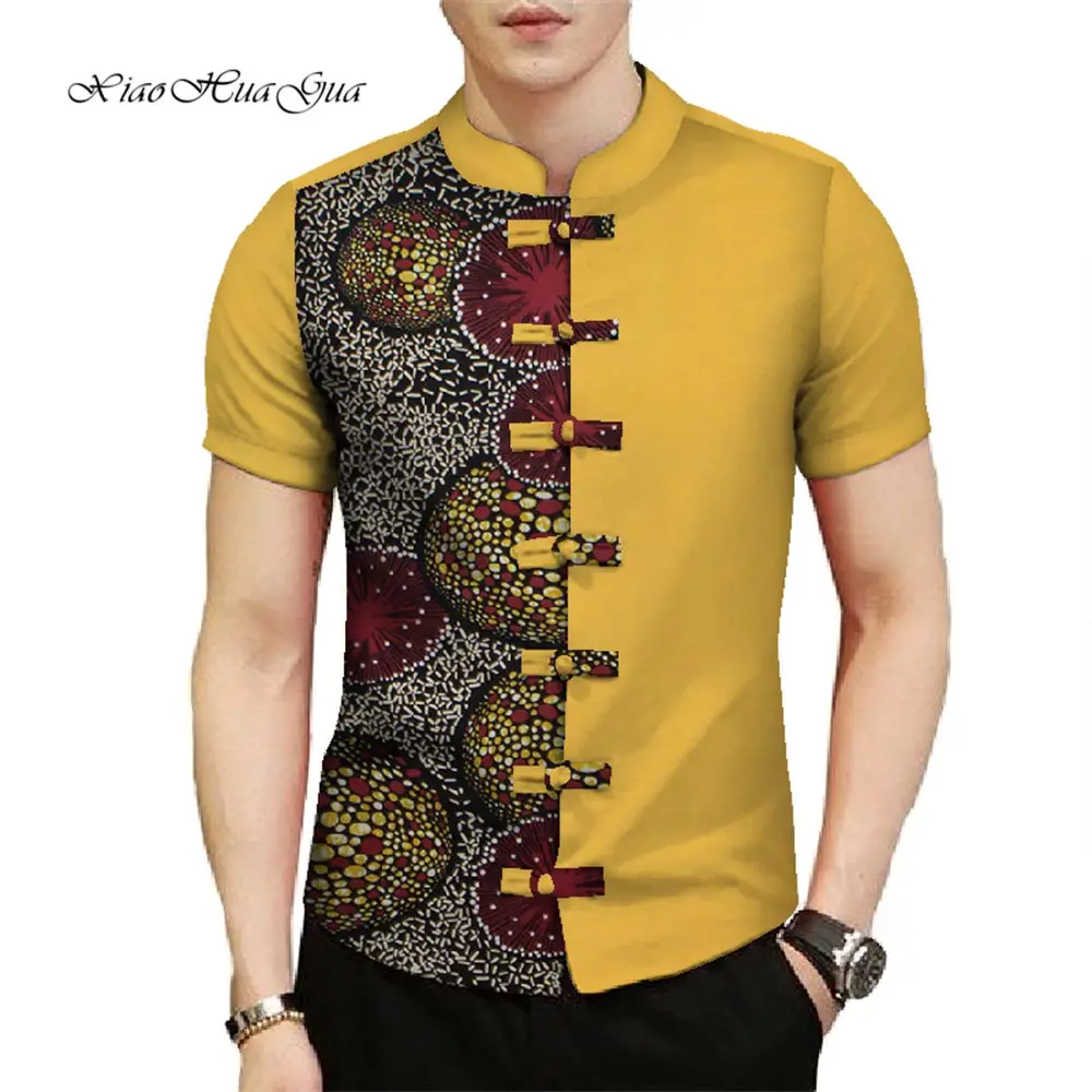 

African Clothes for Men Causal Party Men Tops Short Sleeve Shirt Stand Neck Tops Tees Dashiki Bazin Riche Print Men Shirt WYN773