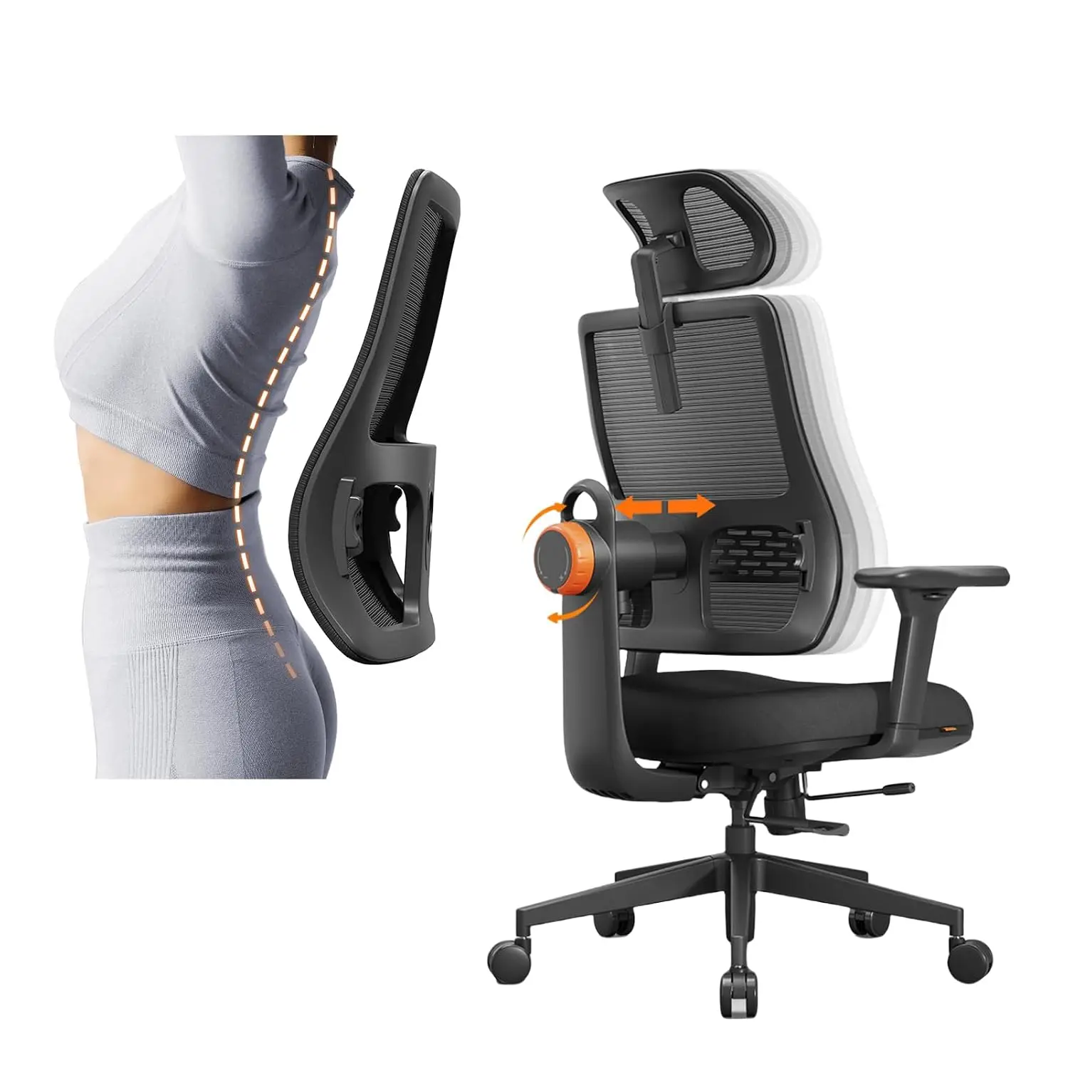 Ergonomic High Back Office Chair With Adaptive Lumbar Support, Adjustable Headrest & Armrest, Seat Depth, Customized