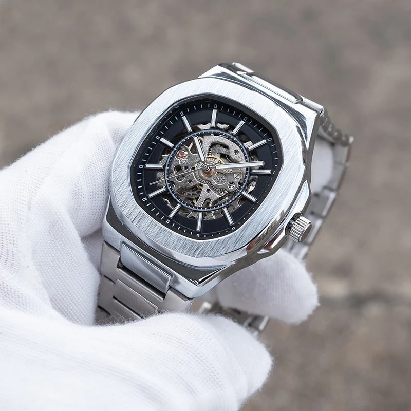 Мужские роскошные часы-браслет с квадратным циферблатом со скелетом, автоматические механические часы, модные деловые часы для мужчин