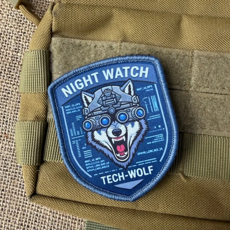 Night Watch Tech‑Wolf Tactical Patch Wolf Head Night Vision Goggles Printed Hook&Loop Badge for Vest Backpack Jacket