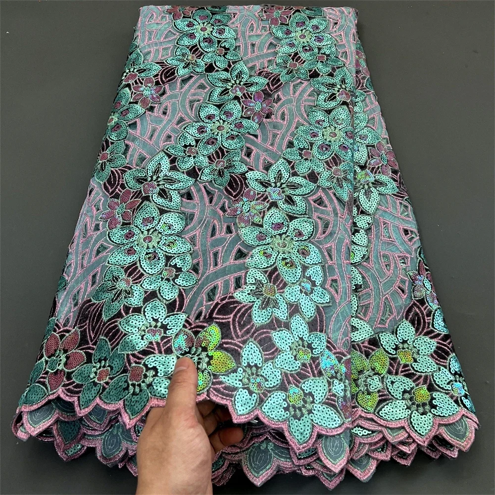 

African Nigerian Embroidery Lace Fabric,French Tulle, High Quality, Wedding Party Dress, Water Soluble Sequins, 5Yards, 2025