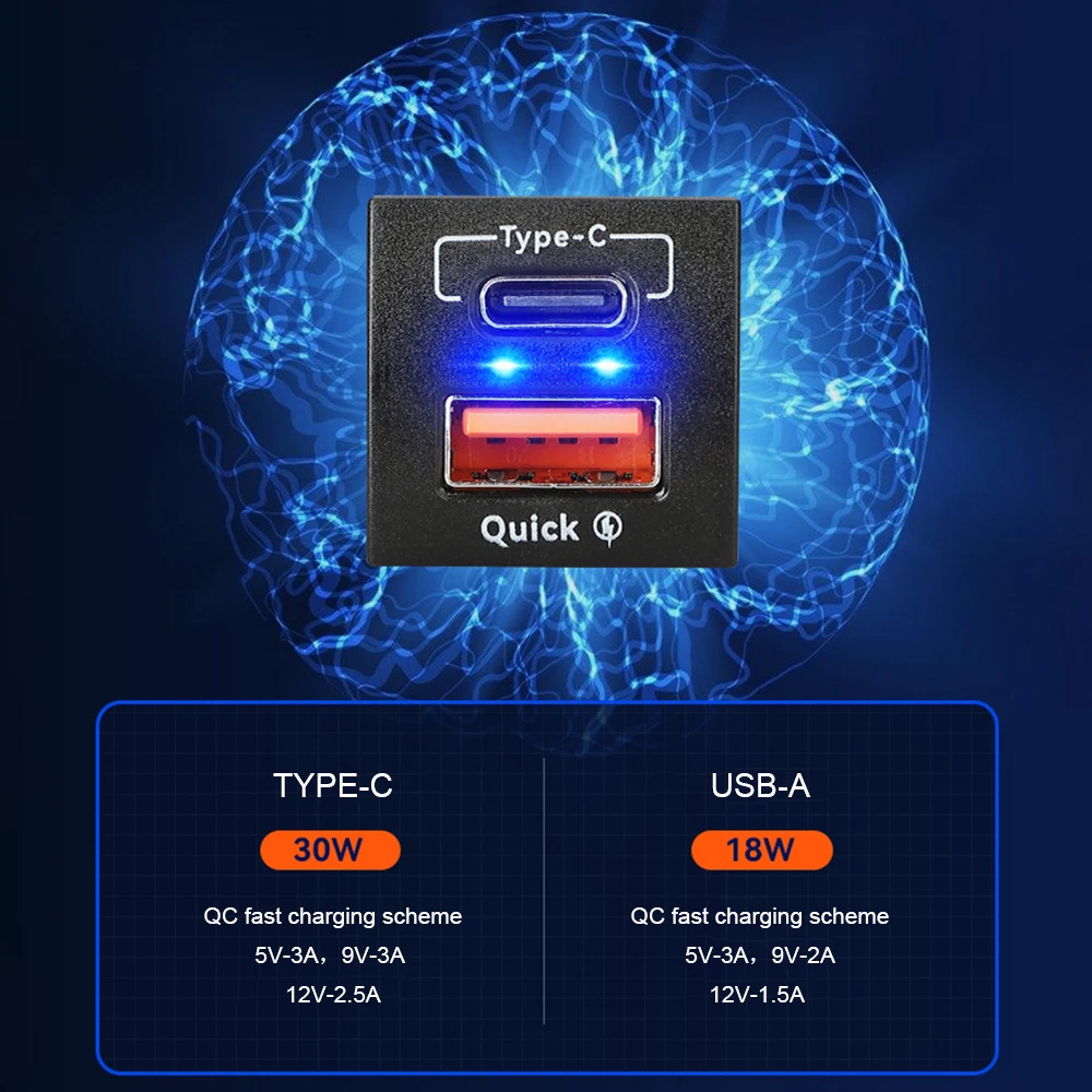 New For Toyota QC3.0 USB Type-C PD 12V Mobile Phone Accessories Power Socket 48W Fast Charger Voltmeter Quick Charge