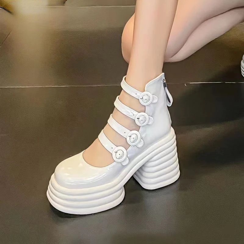 Zapatos de plataforma para mujer, Sandalias de tacón alto con punta redonda y suela gruesa, color blanco, 2024