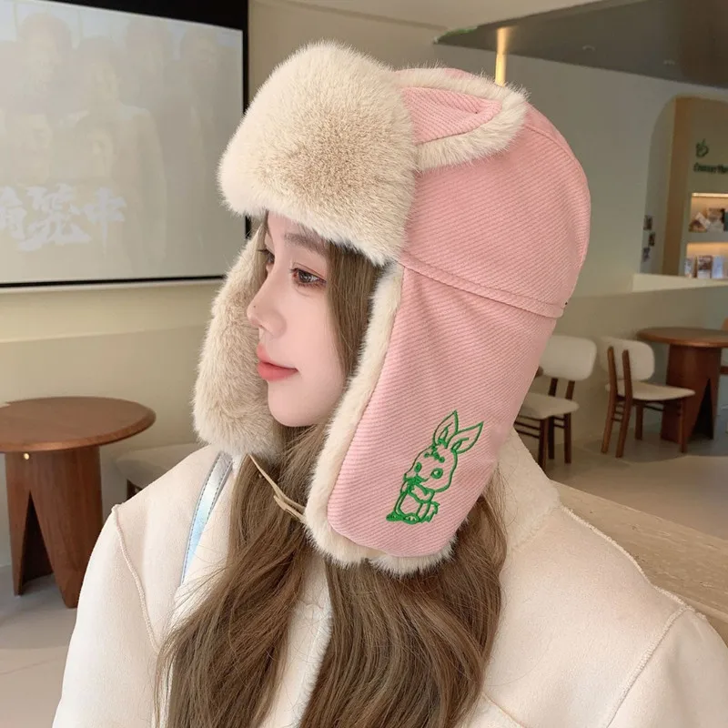 

Korean Cute Lei Feng Hat for Women Rabbit Embroideried Winter Cold-proof Warm Cap Outdoor Cycling Wind-proof Earmuff Hats