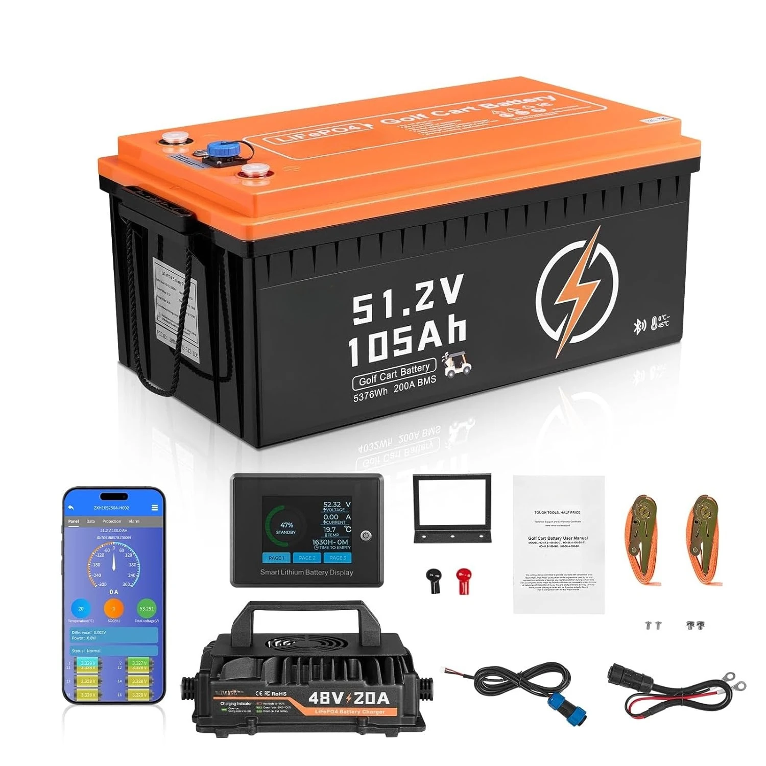 

Литиевая батарея для гольф-кара 48В 105Ач, 48-вольтовая батарея для гольф-кара с BMS 200А, ЖК-монитором и мобильным приложением, LiFePO4, на заказ