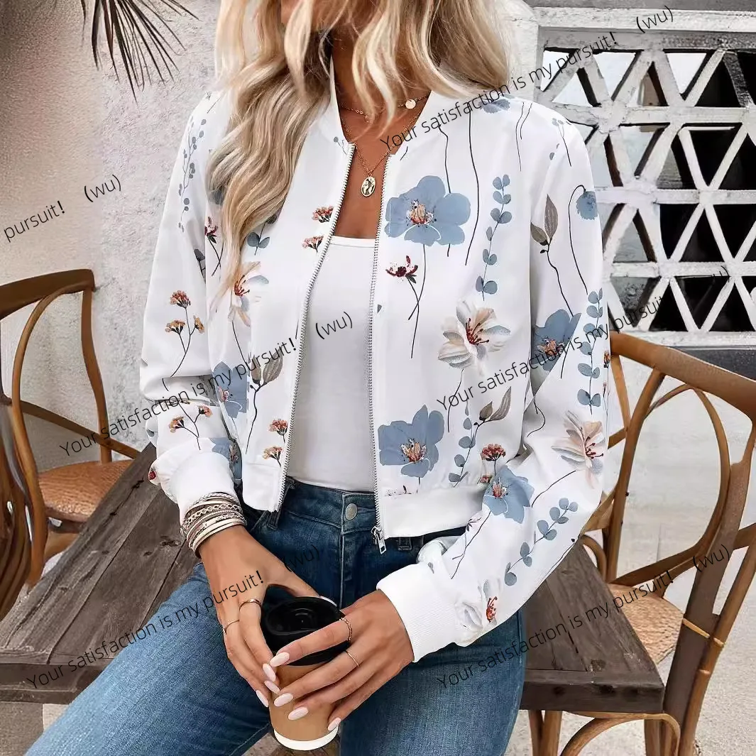 

Autumn and Winter Elegant Women's Zipper Floral Print Long Sleeve Short Casual Jacket