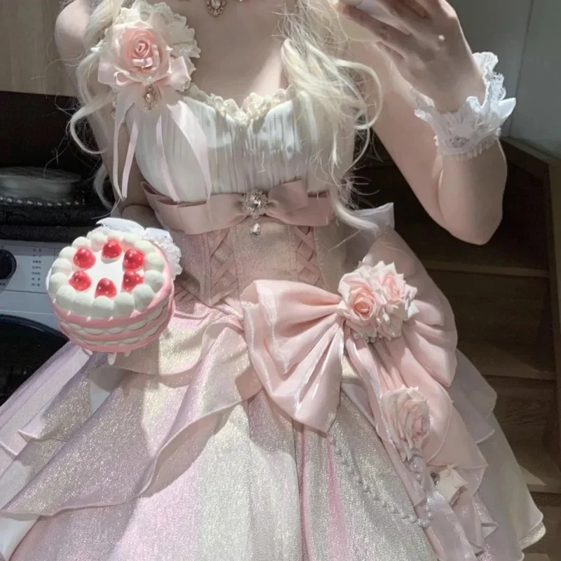 

Flower Bow Lolita Dresses Y2K White Rose Skirt Jsk Princess Little Cute Adult Sweet Lolita Dress Birthday A-line Dresses New