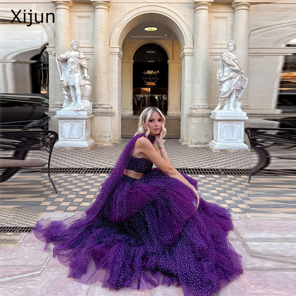 Xijun Princess Purple Long Evening Dresses Tiered A-Line Two-Pieces Prom Dresses Sleeveless Formal Birthday Party Gown Customize