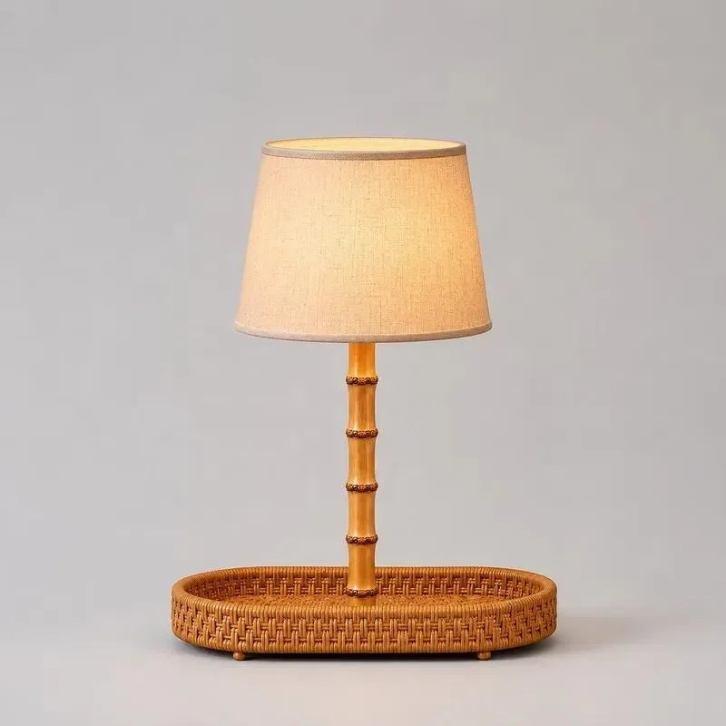 for Bamboo cordless rechargeable simple DC desk lamp with rectangular rattan tray and double lampshade, suitable for buffet