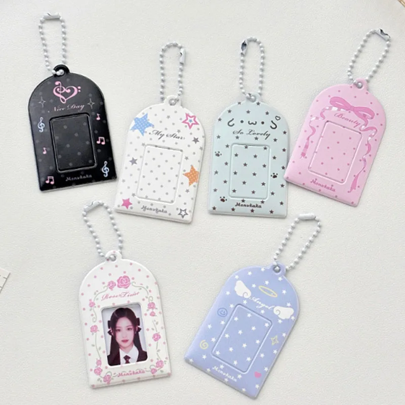 Cute Star Bow Pattern Photocard Holder Keychain 1 Inch PVC Photo Sleeve Protector Case Bag Charm For K‑pop Fans Daily Decoration