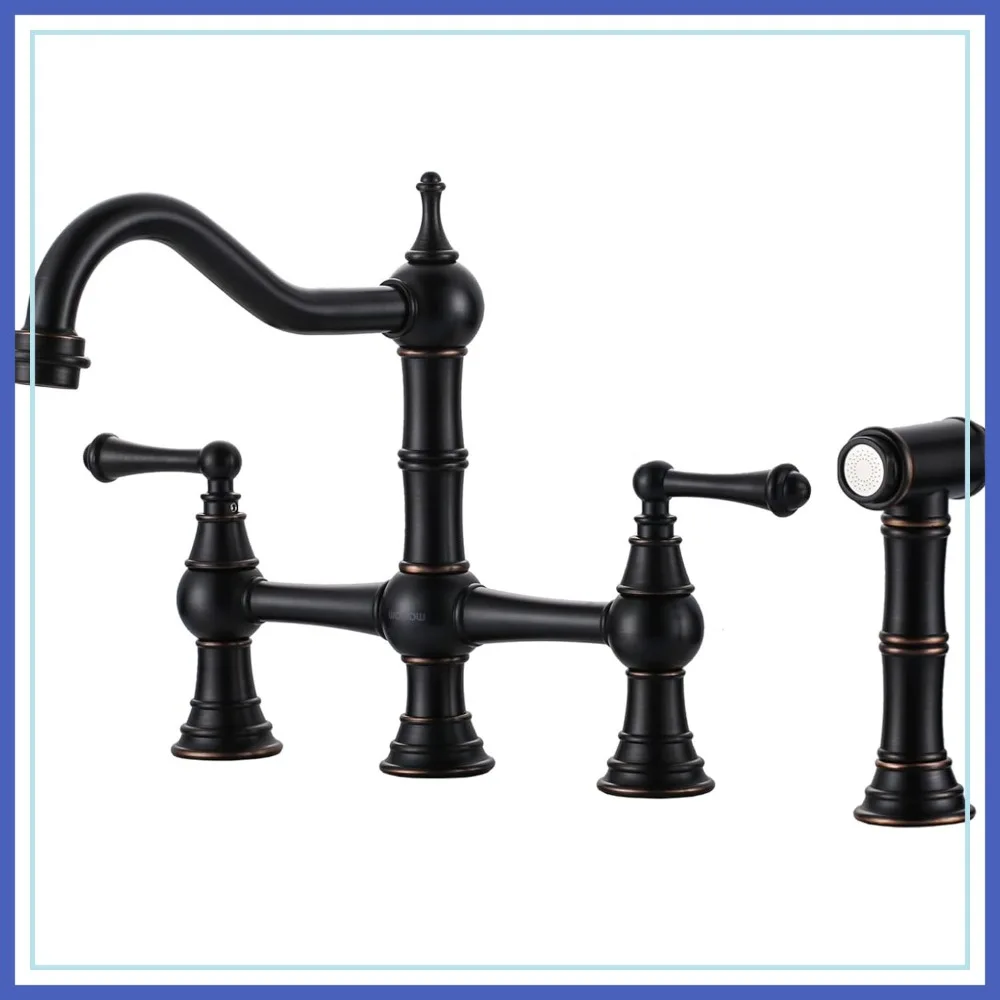 

8 Inch Centerset Bridge Kitchen Faucet with Side Sprayer, 4 Hole Vintage Farmhouse Bronze