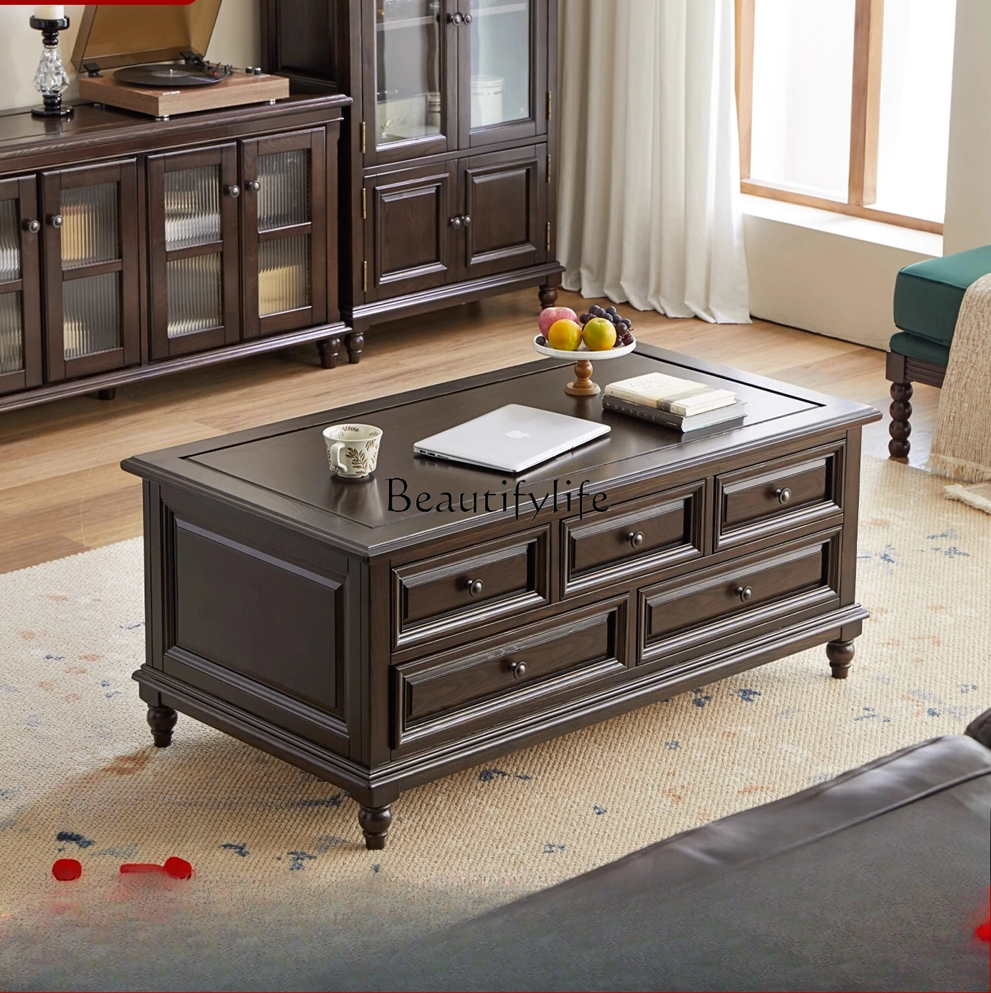 

All log FAS grade ash wood coffee table American retro all solid wood living room combination drawer storage