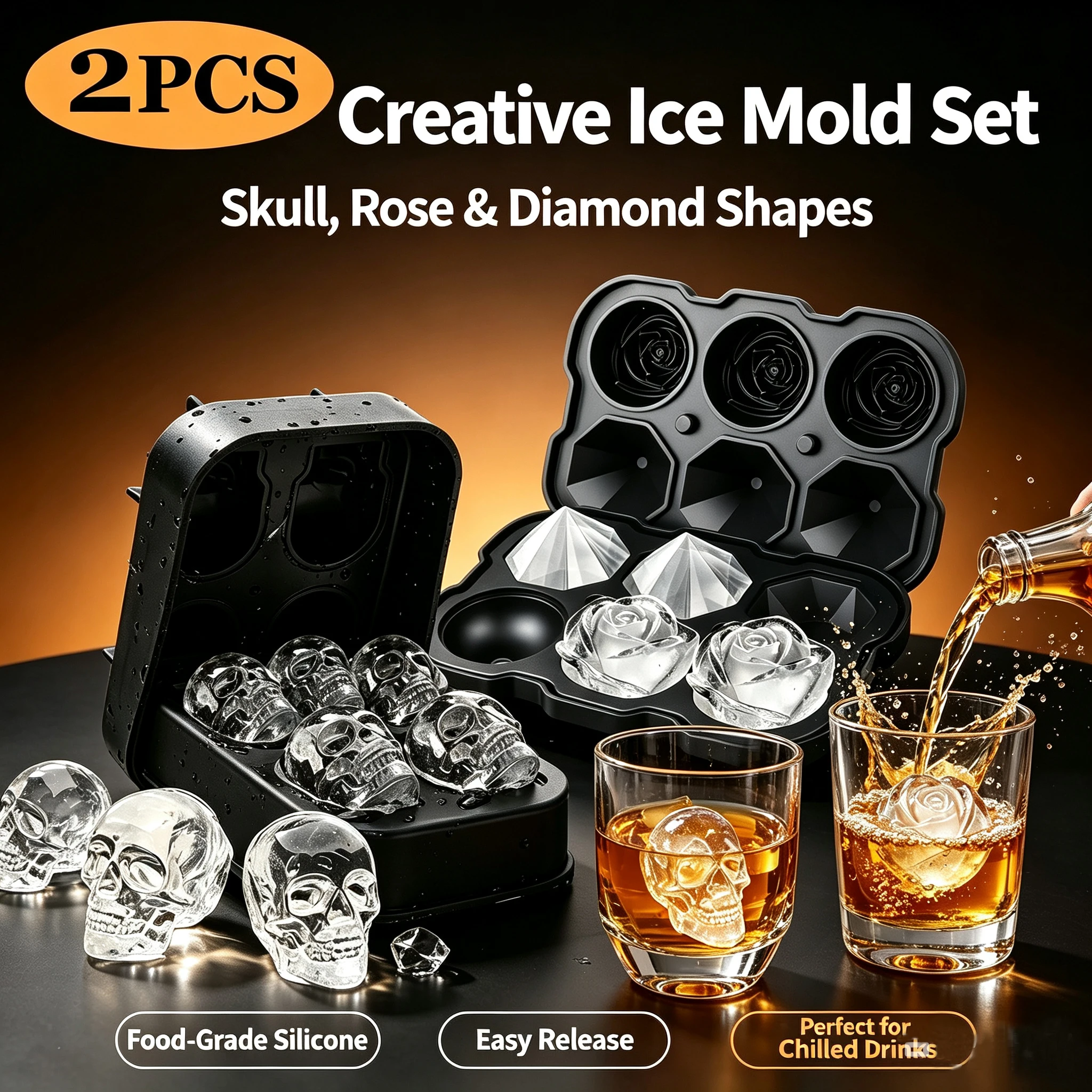 4/6 Cavity 3D Skull Shaped Ice Cubes Tray Silicone Ice Mold Rose and Diamond Ice Tray Moulds with Funnel for Whisky Cocktail
