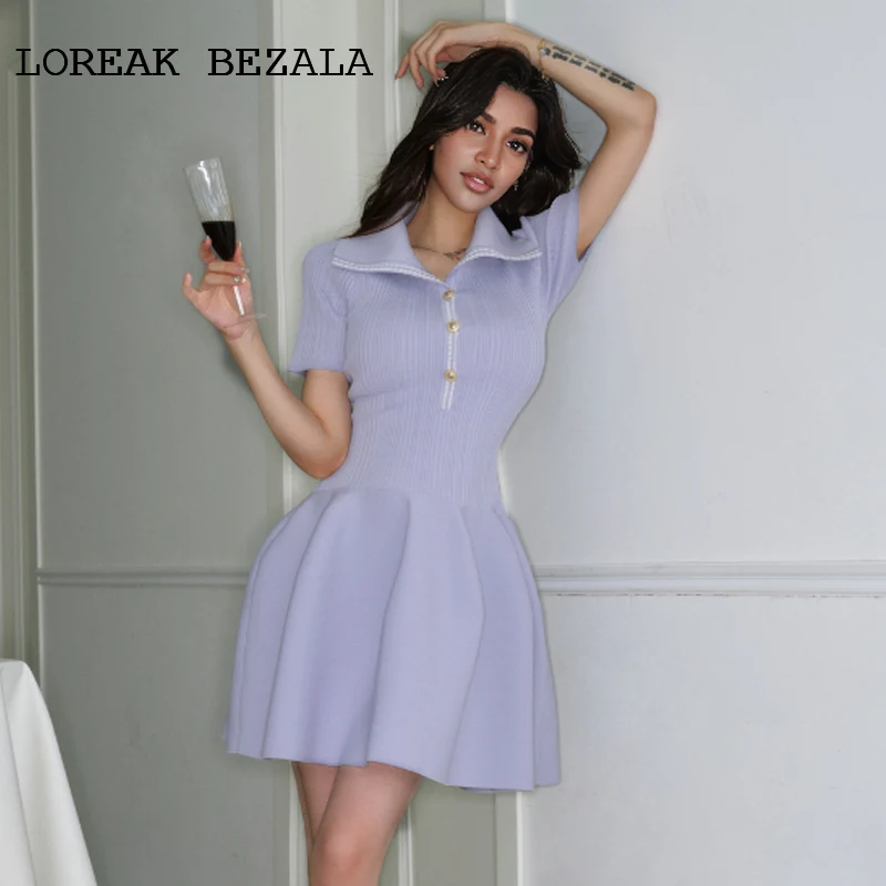 

Женское трикотажное платье светло-фиолетового цвета, весенне-летнее мини-платье с лацканами, новое модное и элегантное облегающее платье