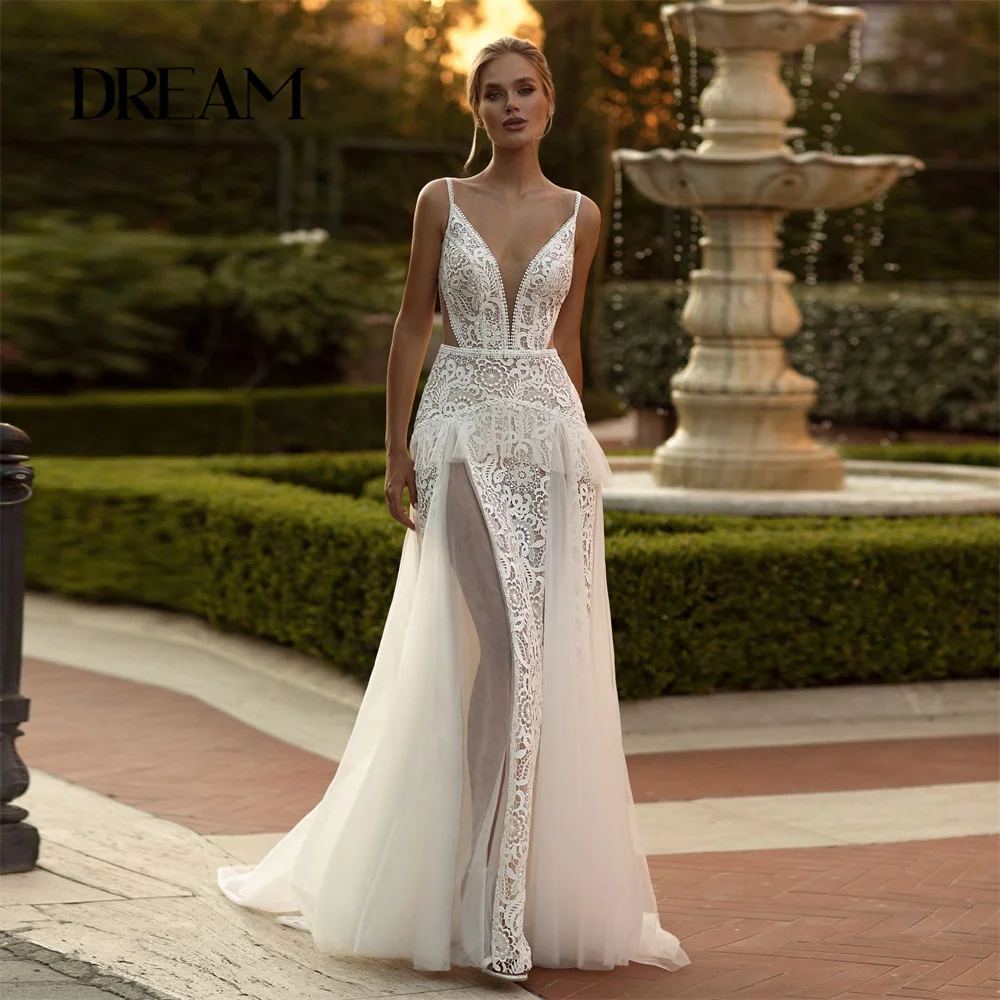 

DREAM Boho Deep V-Neck Lace V-Neck Wedding Dresses Spaghetti Straps Open Back Illusion Bridal Gown Vestidos De Noiva Customized
