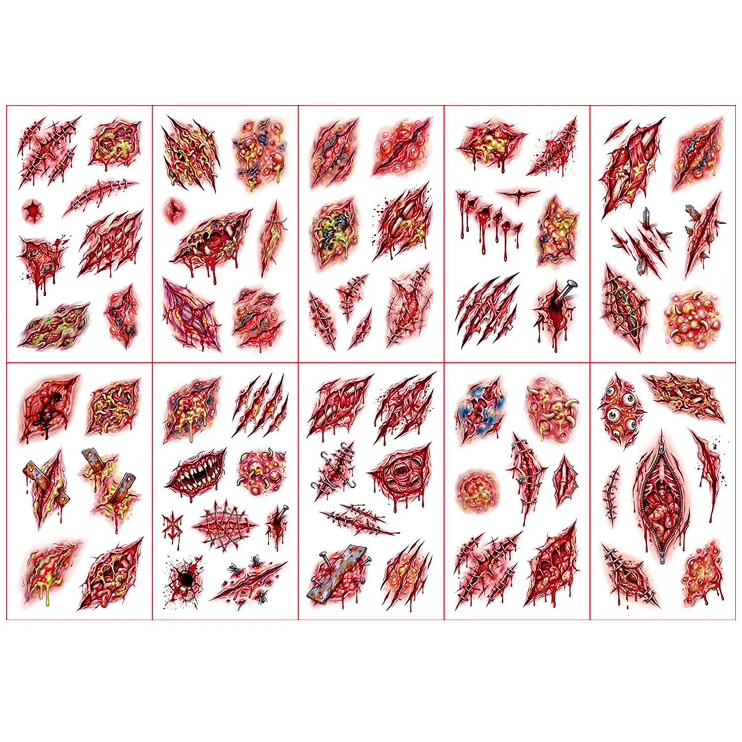 10 Sheets (73 Designs), Halloween Wound and Scar Series Temporary Tattoo Stickers, Waterproof, Realistic, Easy to Use, Suitable for Party Temporary Makeup