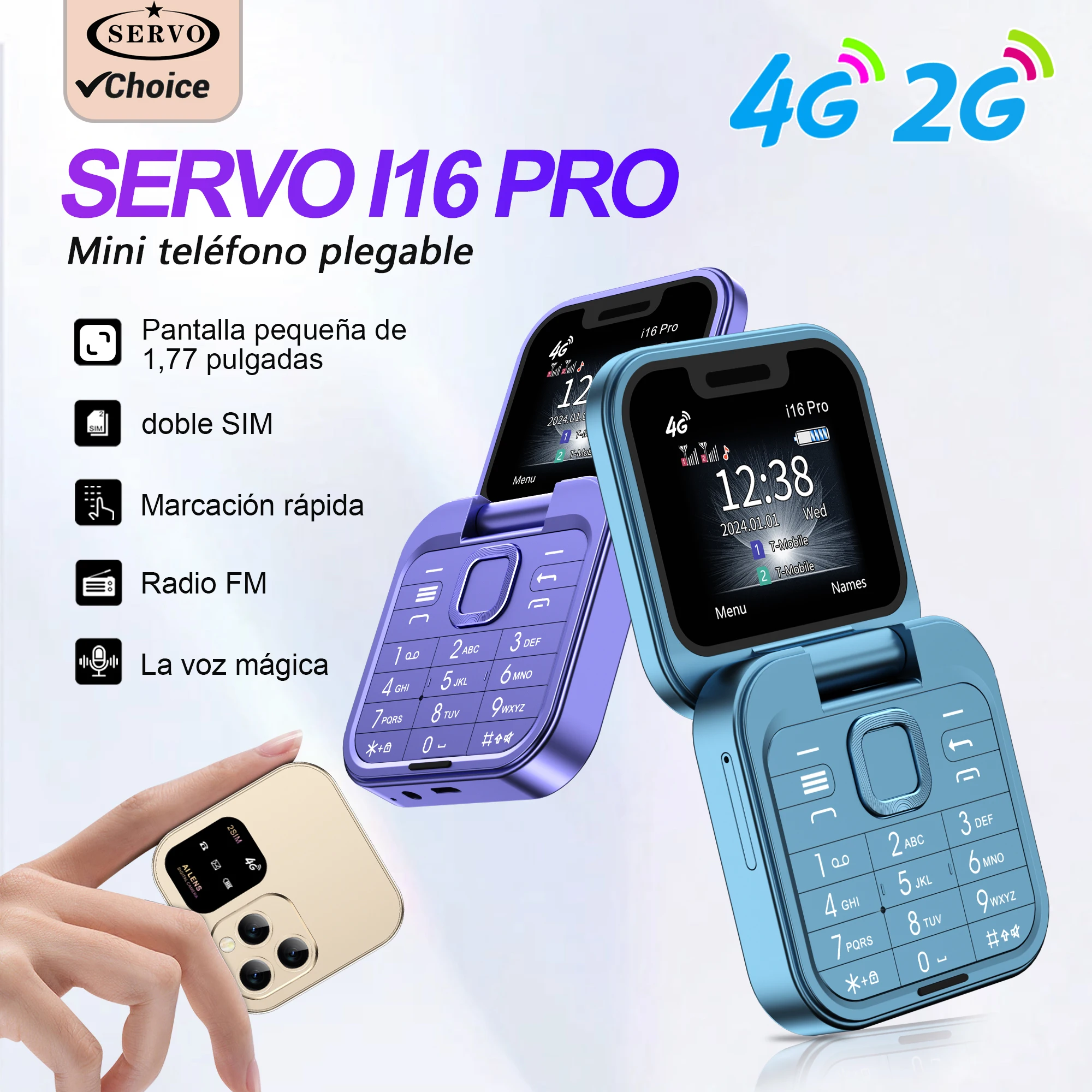 Teléfono Móvil Plegable SERVO Mini Flip 4G/2G, Pantalla de 1.77'', Marcación Rápida, Linterna, Grabadora, Radio FM, Doble SIM