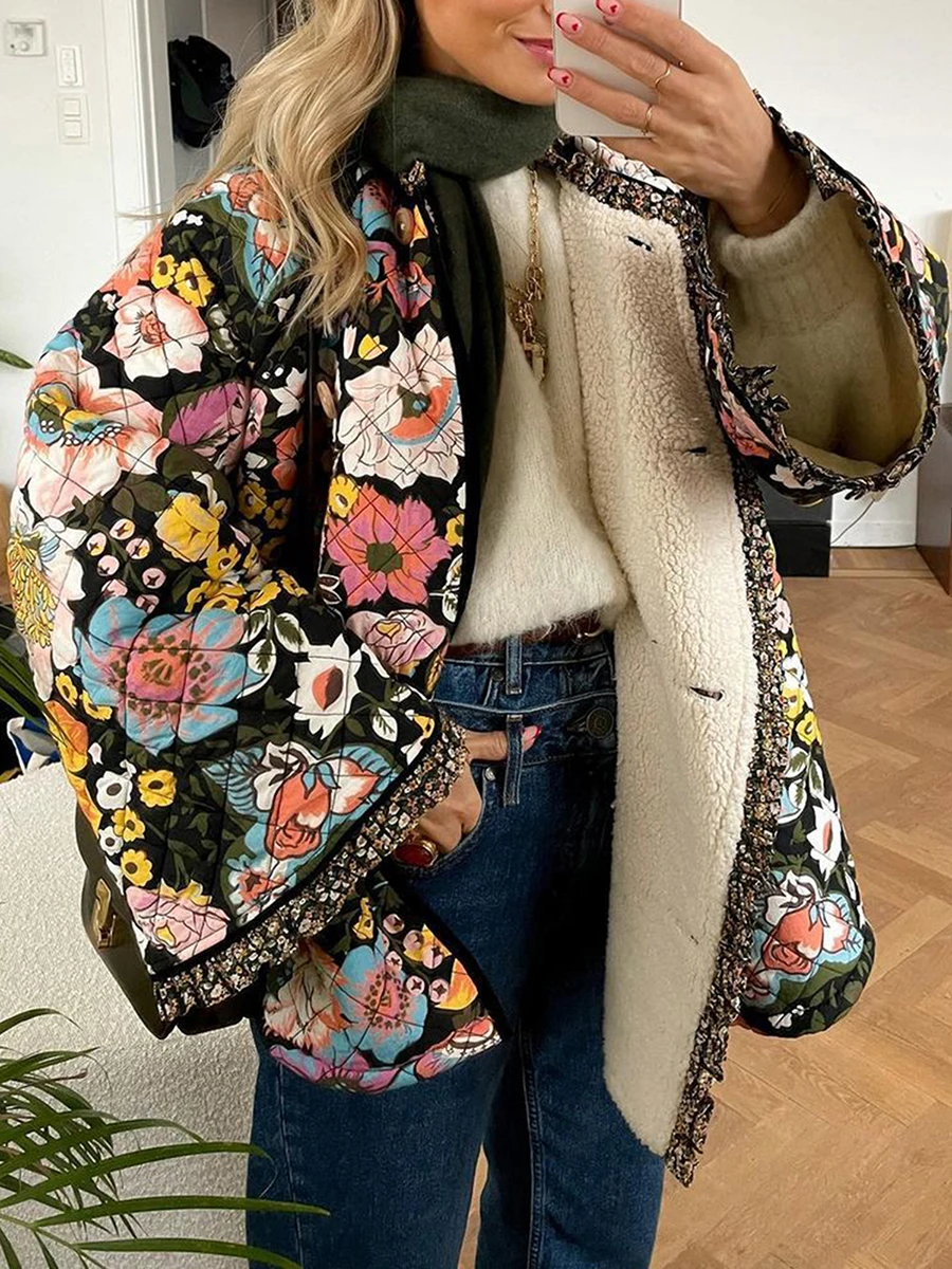 Jaqueta acolchoada com estampa floral para mulheres, com botão vintage, ajuste solto, casaco puffer leve, casacos acolchoados dianteiros boho abertos