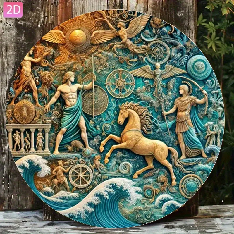 Vintage Round Relief Metal Tin Sign, Ancient Greek Mythology Sea Gods Golden Sculpture Wave Retro Metal Wall Decor Plaque