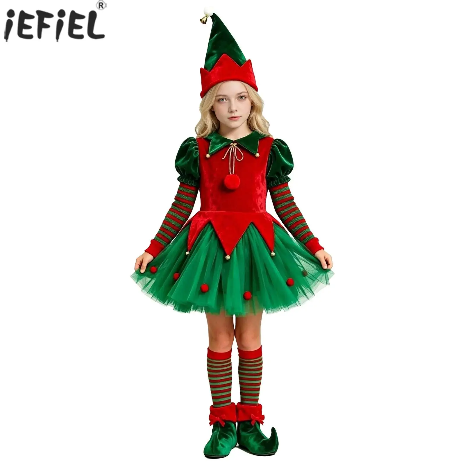 Kids Girls Christmas Elf Costume Long Sleeves Velvet Bodice Tulle Dress with Hat Socks Shoe Covers for Xmas Party Performance
